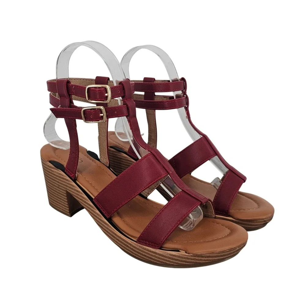 SolelyJane Burgundy Red Interchangeable Wedge Sandals Womens 6 Gladiator Buckle